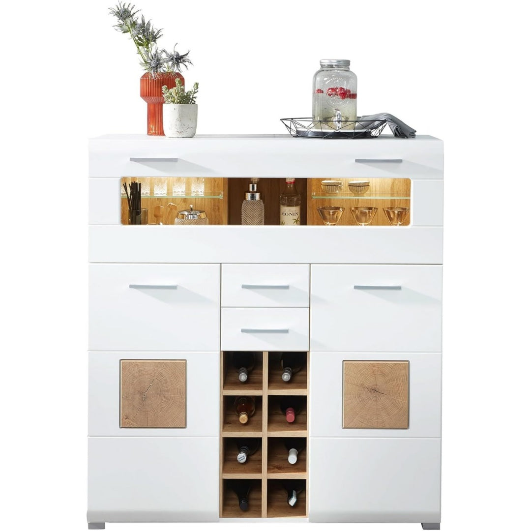 Sideboard in Weiss und Eichenbraun mit matten Oberflaechen