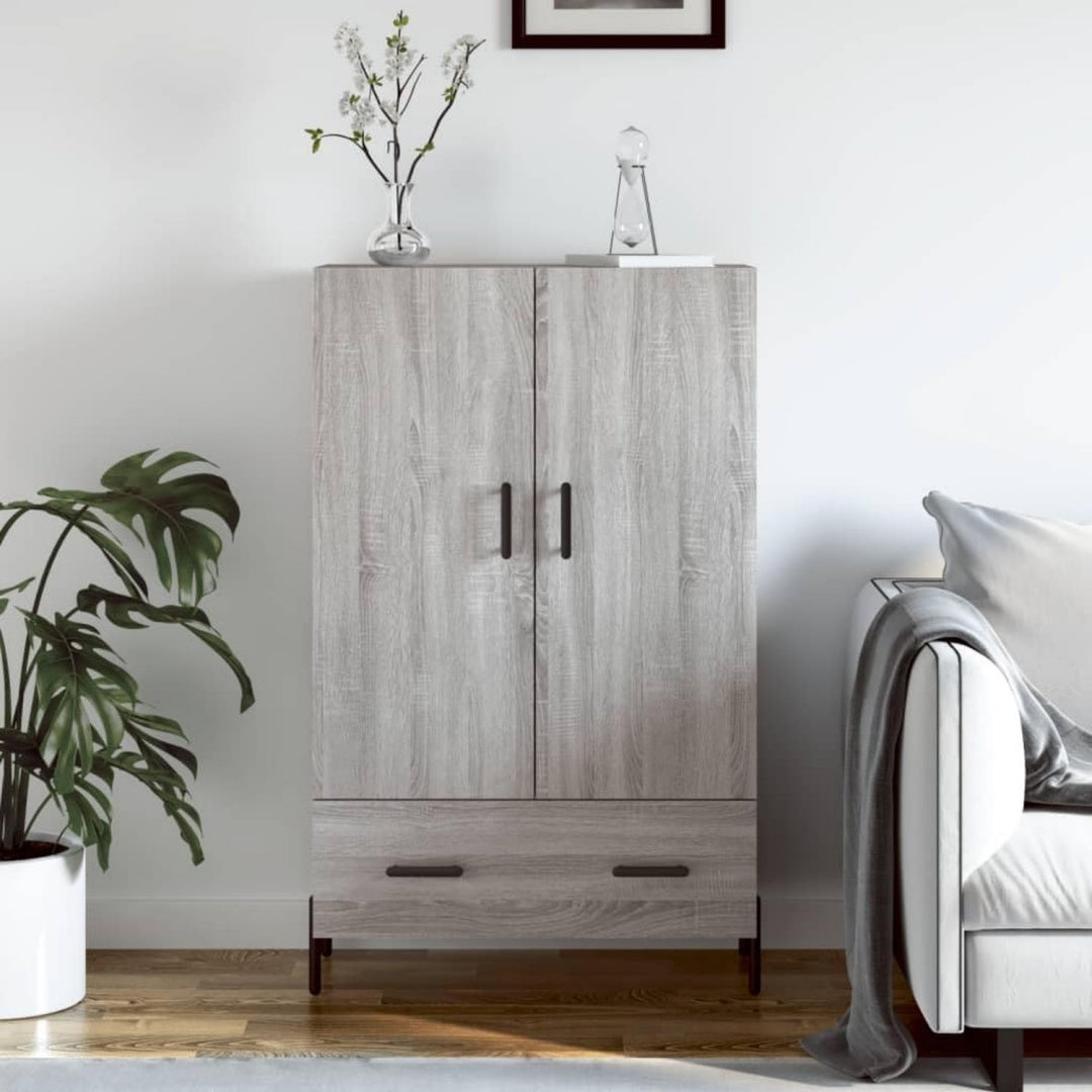 Der Hochschrank misst 69.5 x 31 x 115 cm in Eichenbraun und Grau