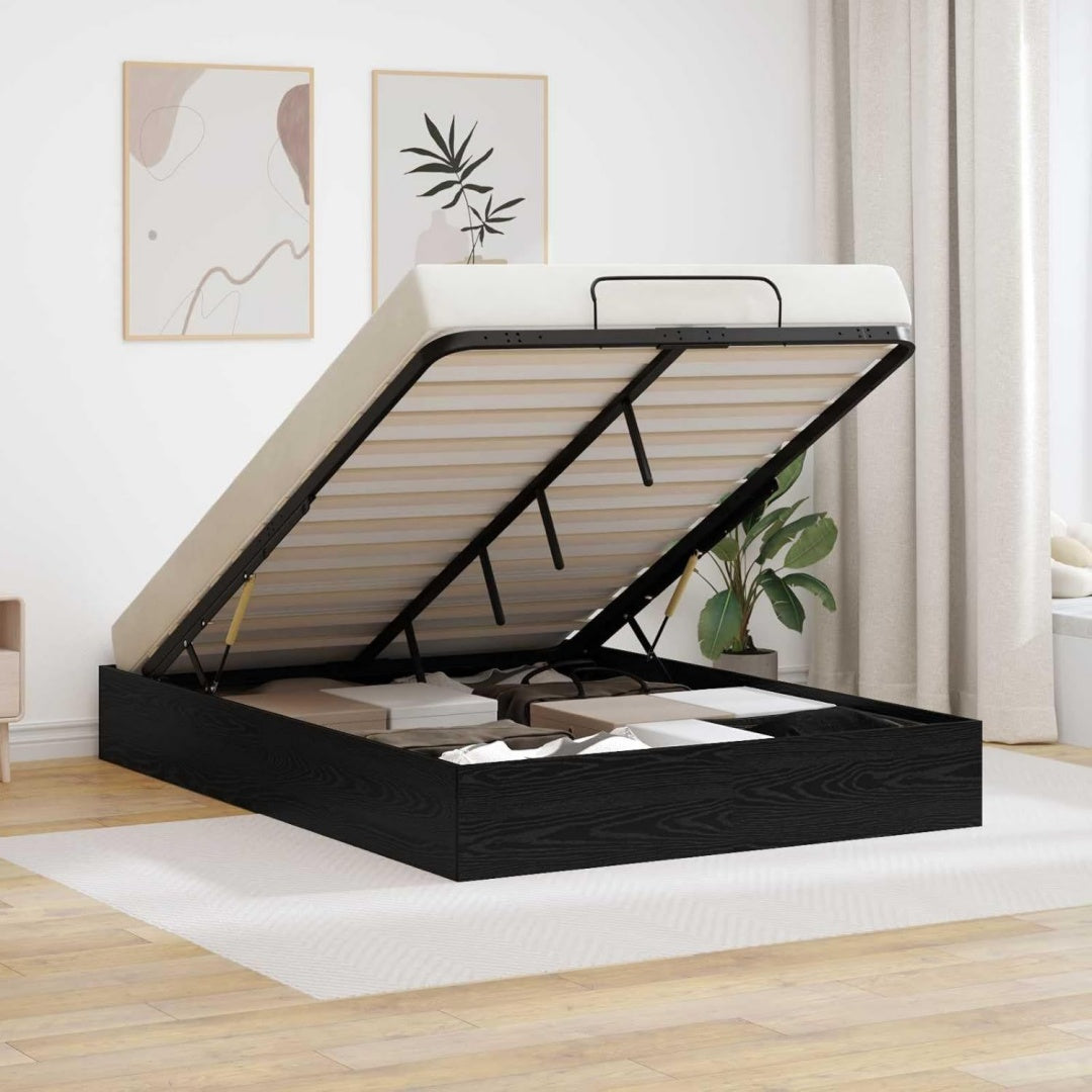 Boxspringbett aus Holzwerkstoff in Schwarz und Eichenbraun