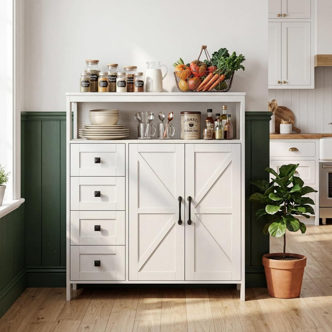 4 Schubladen und verstellbare Ablagen an dem Sideboard