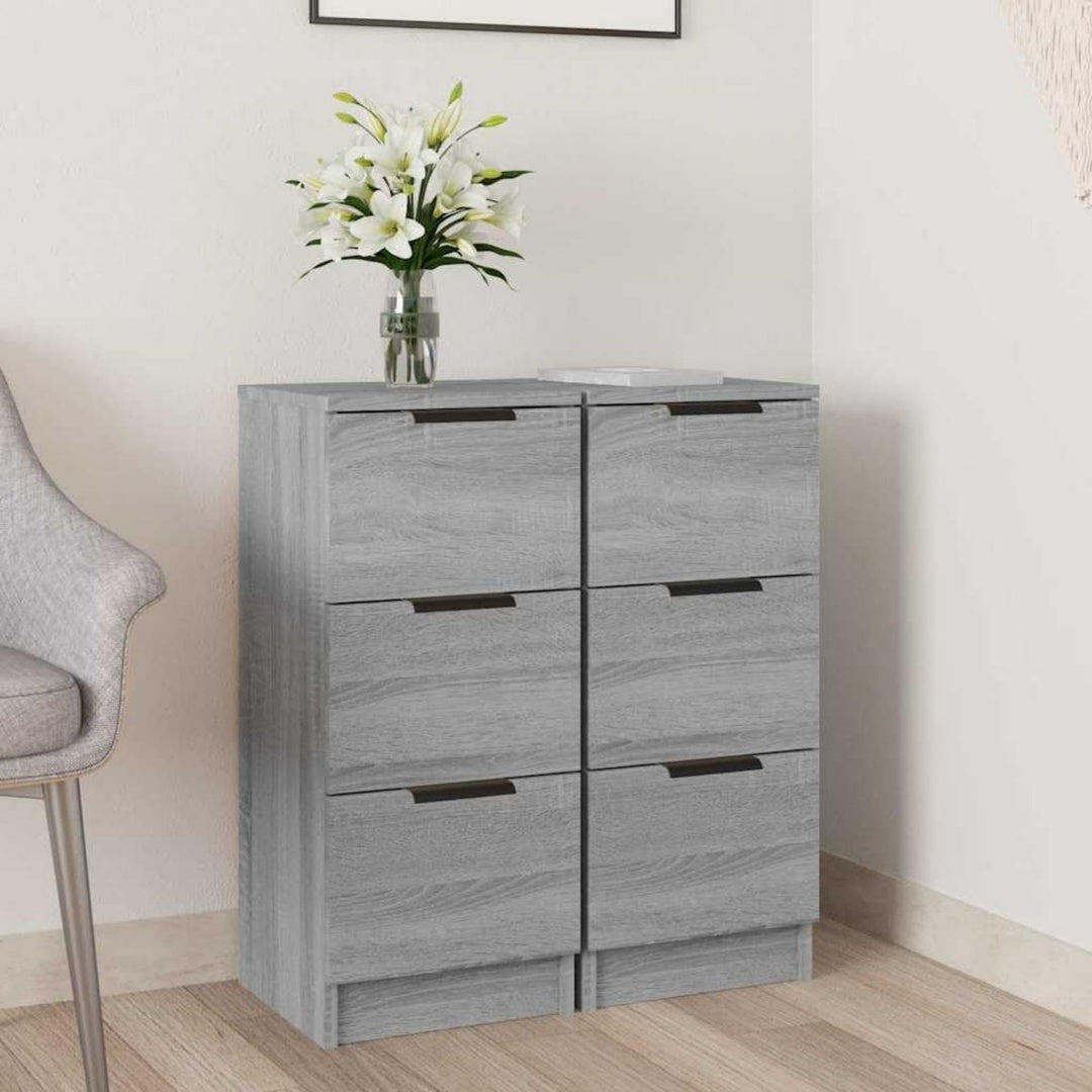 Schubladen an dem Sideboard aus Holzwerkstoff in Eichenbraun und Grau